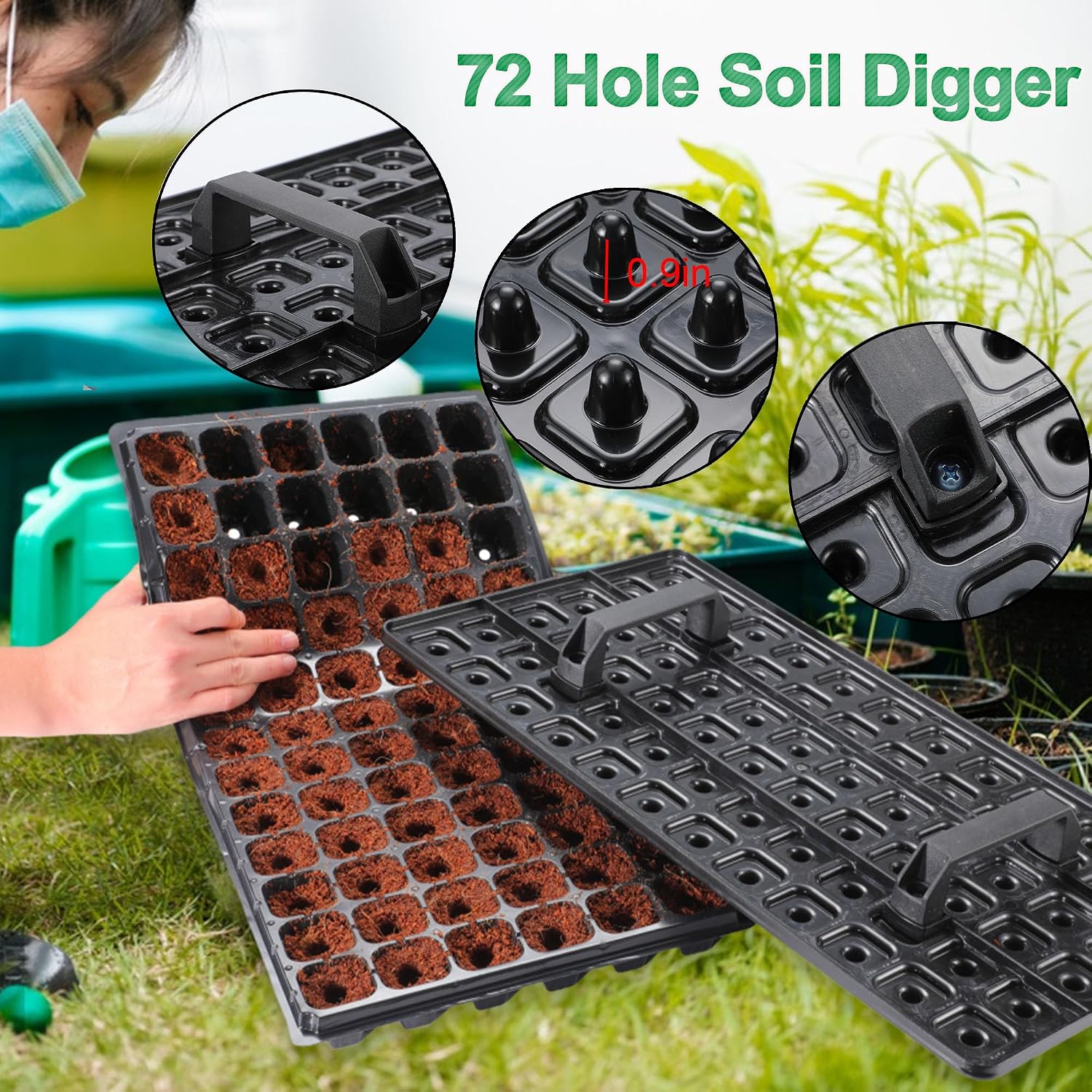 Oscorna (20Pack) 72-Cell Seed Starter Trays with Dibber, 10 Pack Nursery Starting with Base Tray, 72 Hole Soil Digger
