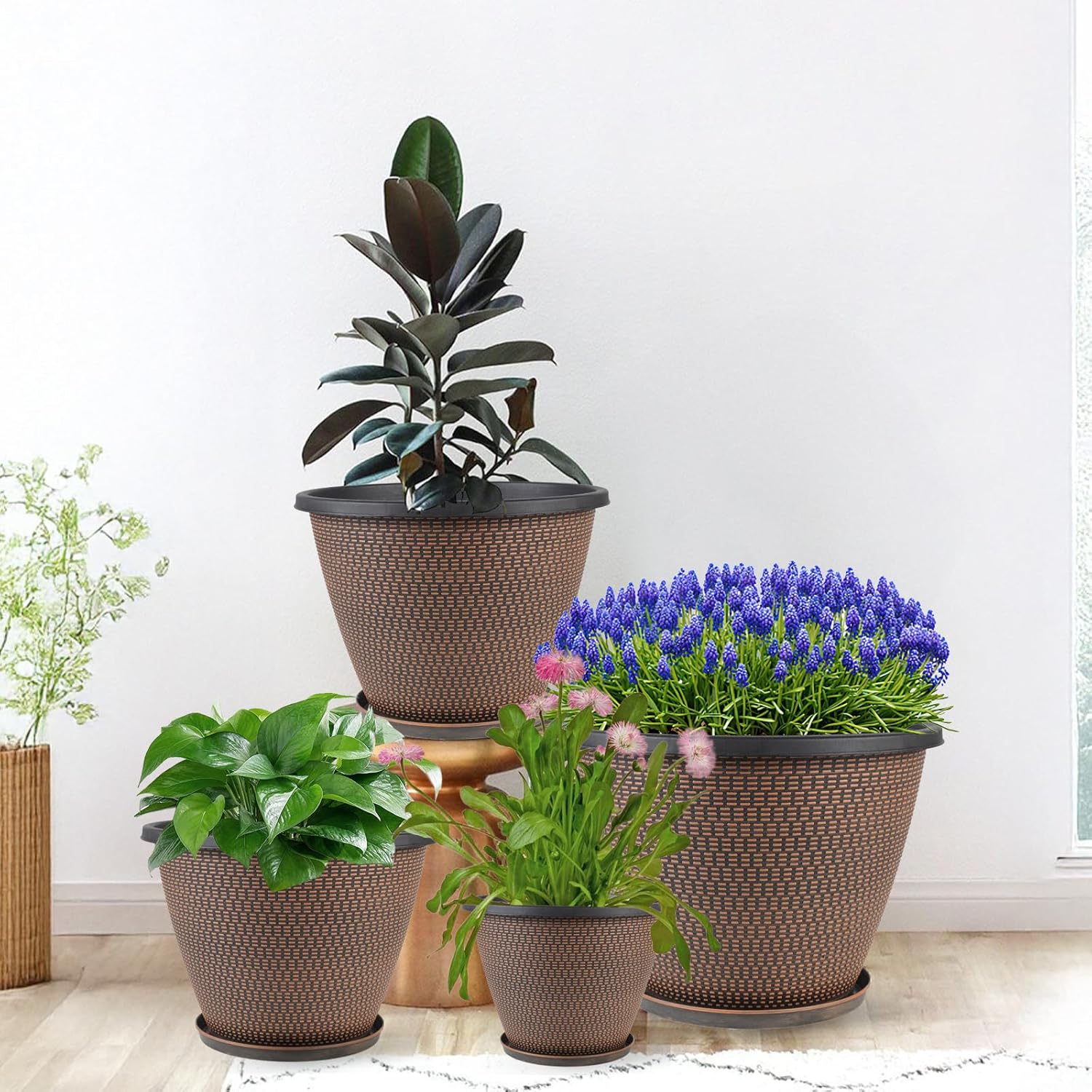 4 Pack 16 inch Plant Pots, Modern Large Planters for Outdoor Plants | Round Plastic Flower Pots with Drainage Holes &