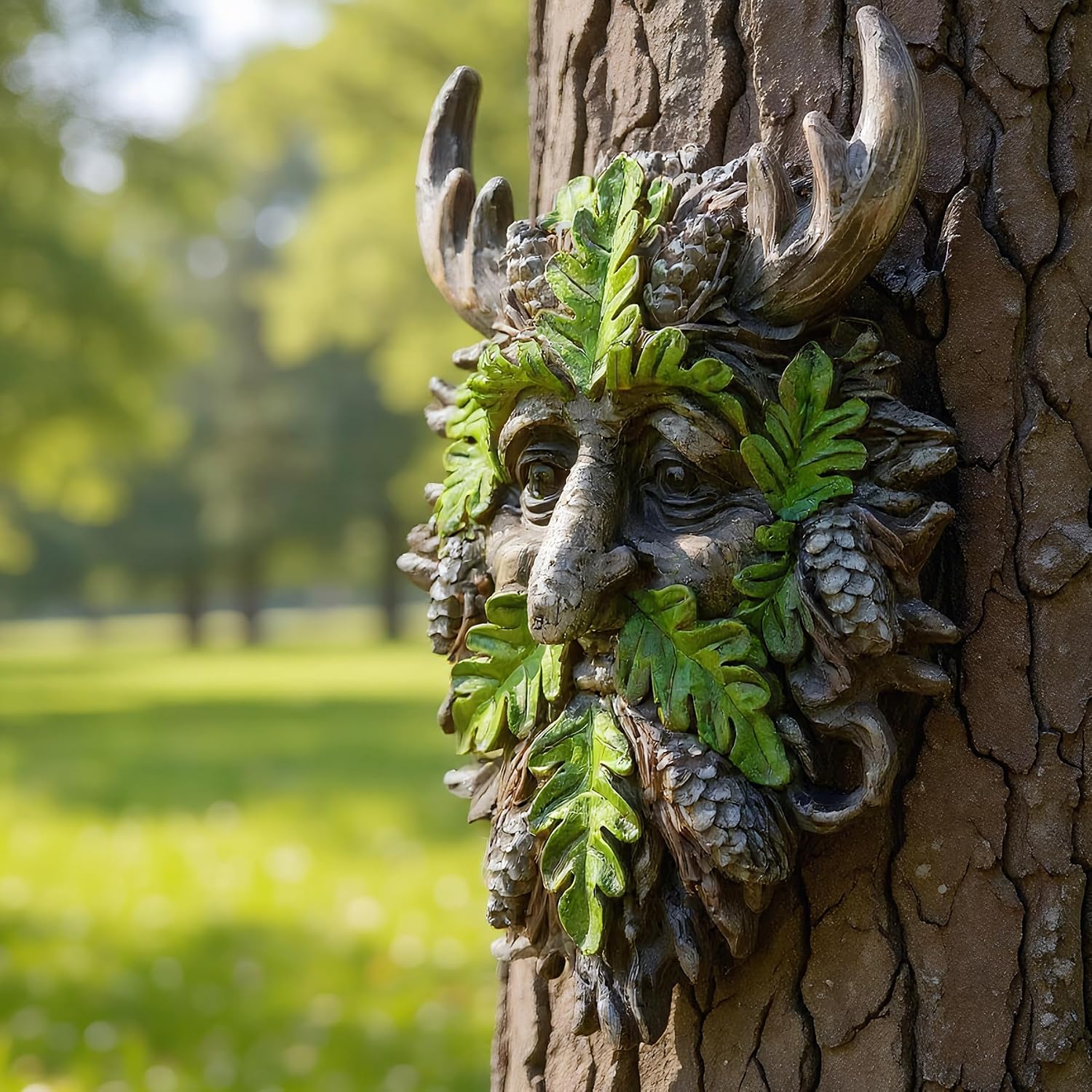 8.3" Real Tree Face Hugger Statue, Garden Outdoor Resin Sculpture with Foliage Features, Fairy Elve Accent Yard Art