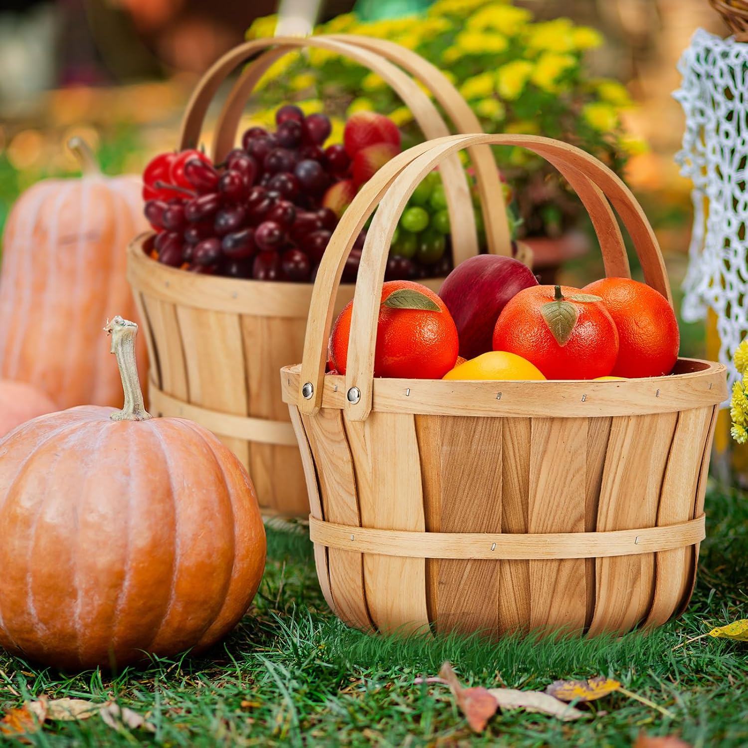 Marsui 10 Pcs Large Wooden Apple Basket 11 x 6.5'' Round Wicker Bushel Baskets with Handle, Farmers Market Basket for