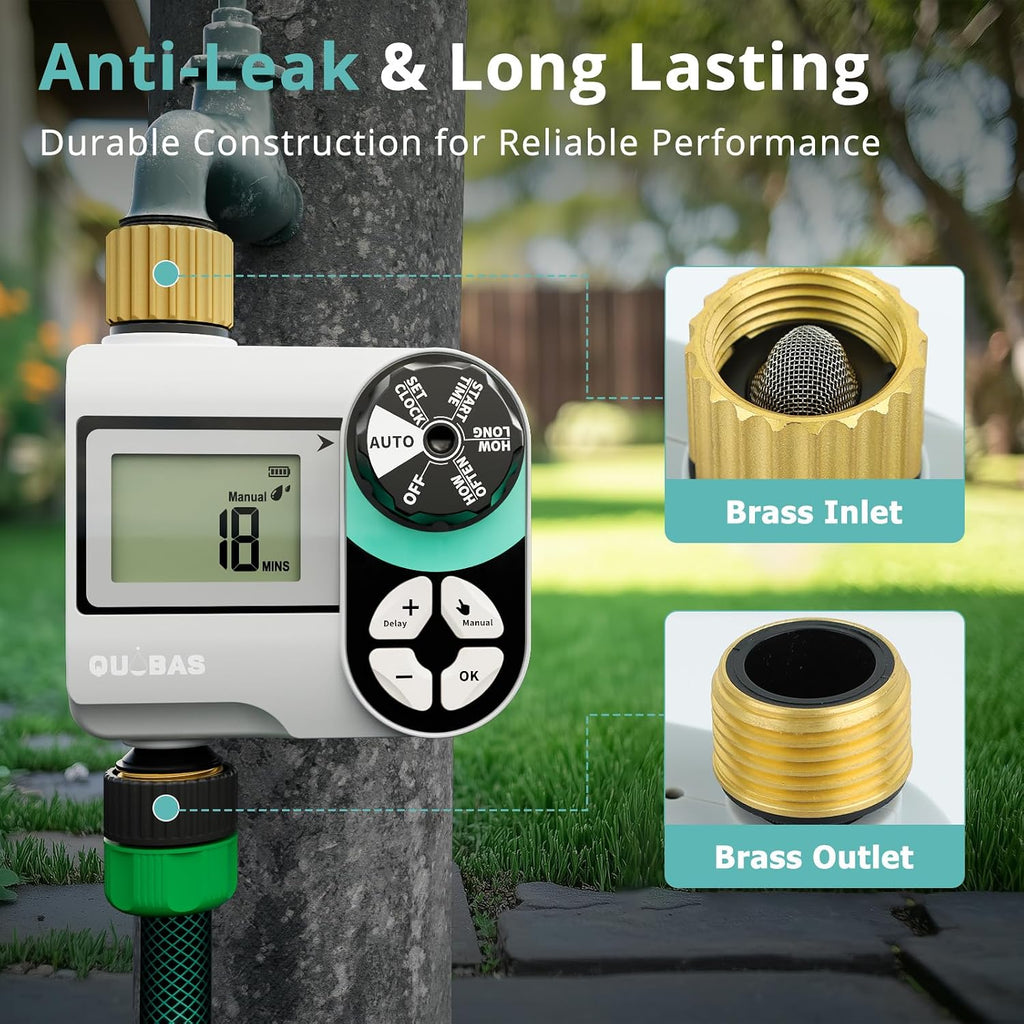QUOBAS Brass Sprinkler Timer, Programmable Water Hose Timer for Garden Hose | Faucet Timer with Waterproof HD Screen