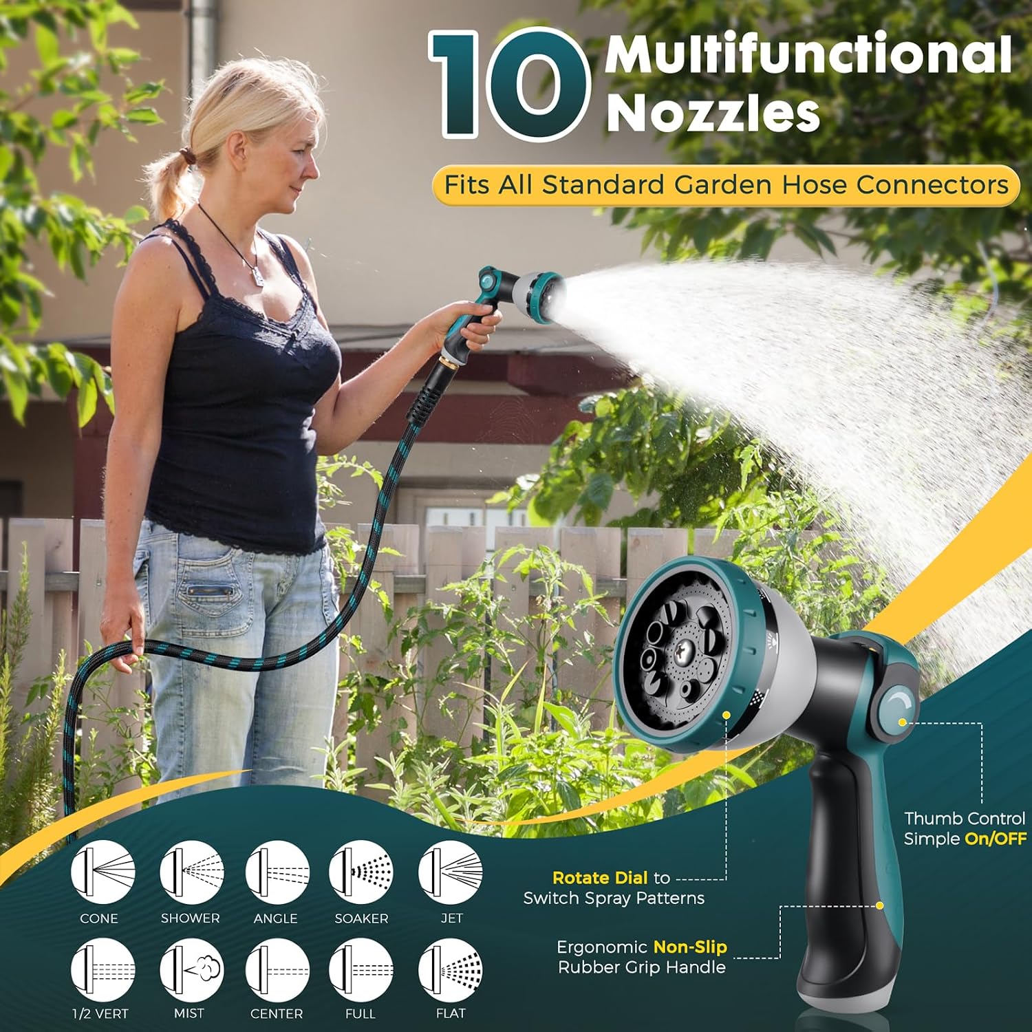Garden Hose 50FT, Ultra Lightweight Flexible Water Hose with 10-Function Spray Nozzle, Kink-Free and Leak-Proof Design