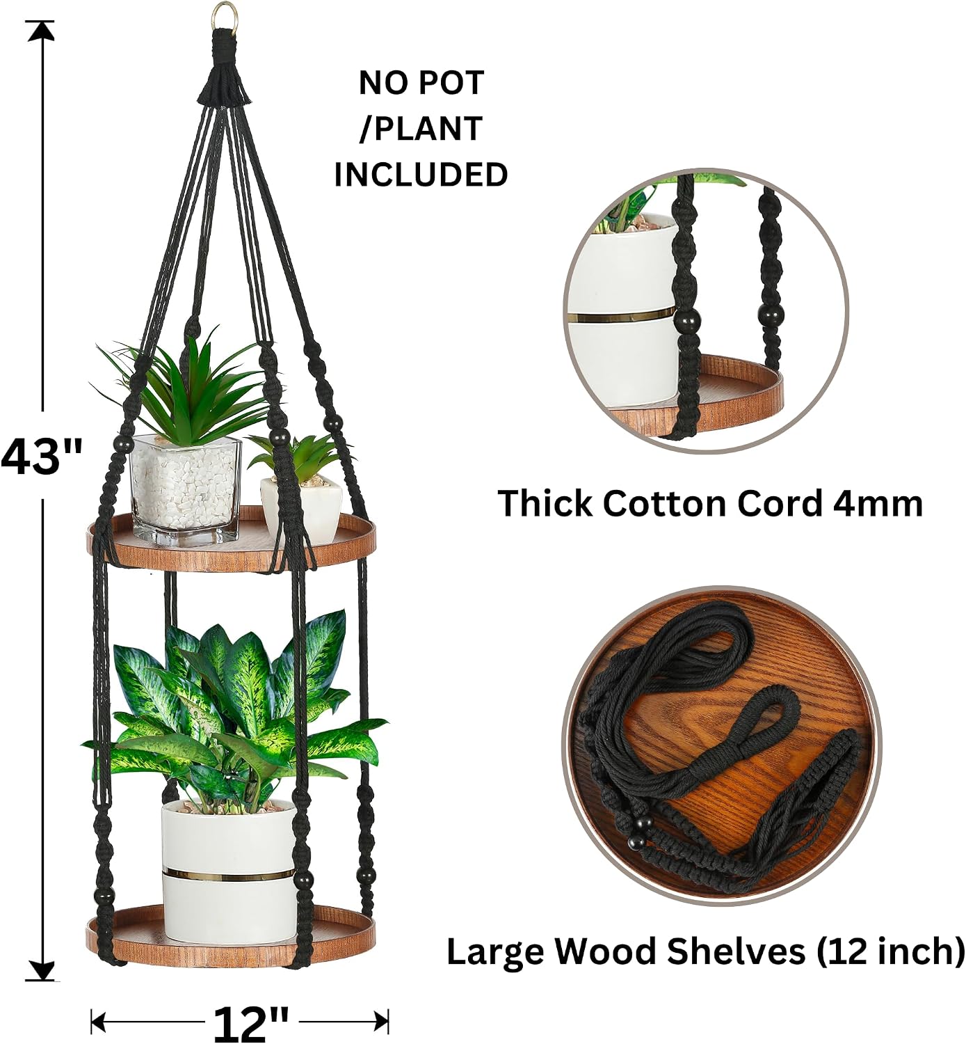 2 Tier Macrame Plant Hanger, Hanging Plant Shelf (12") | Plant Hanger Indoor, Hanging Planter, Hanging Planter Shelf