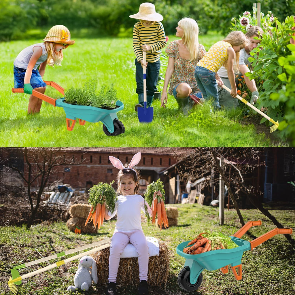 Qtioucp Kids Gardening Set with Wheelbarrow, Real Metal Garden Tools for Kids Ages 3-8, 4 Long Handle Tools, 3 Hand