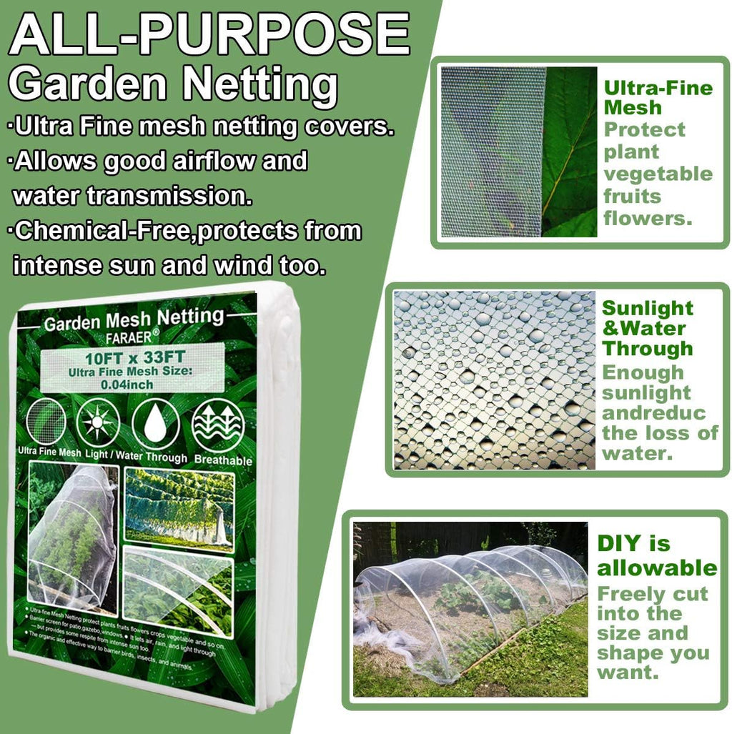 Garden Netting Kit for Raised Beds,10x33ft Ultra Fine Insect Netting Garden Bed Covers & 6 Sets of 8ft Fiberglass