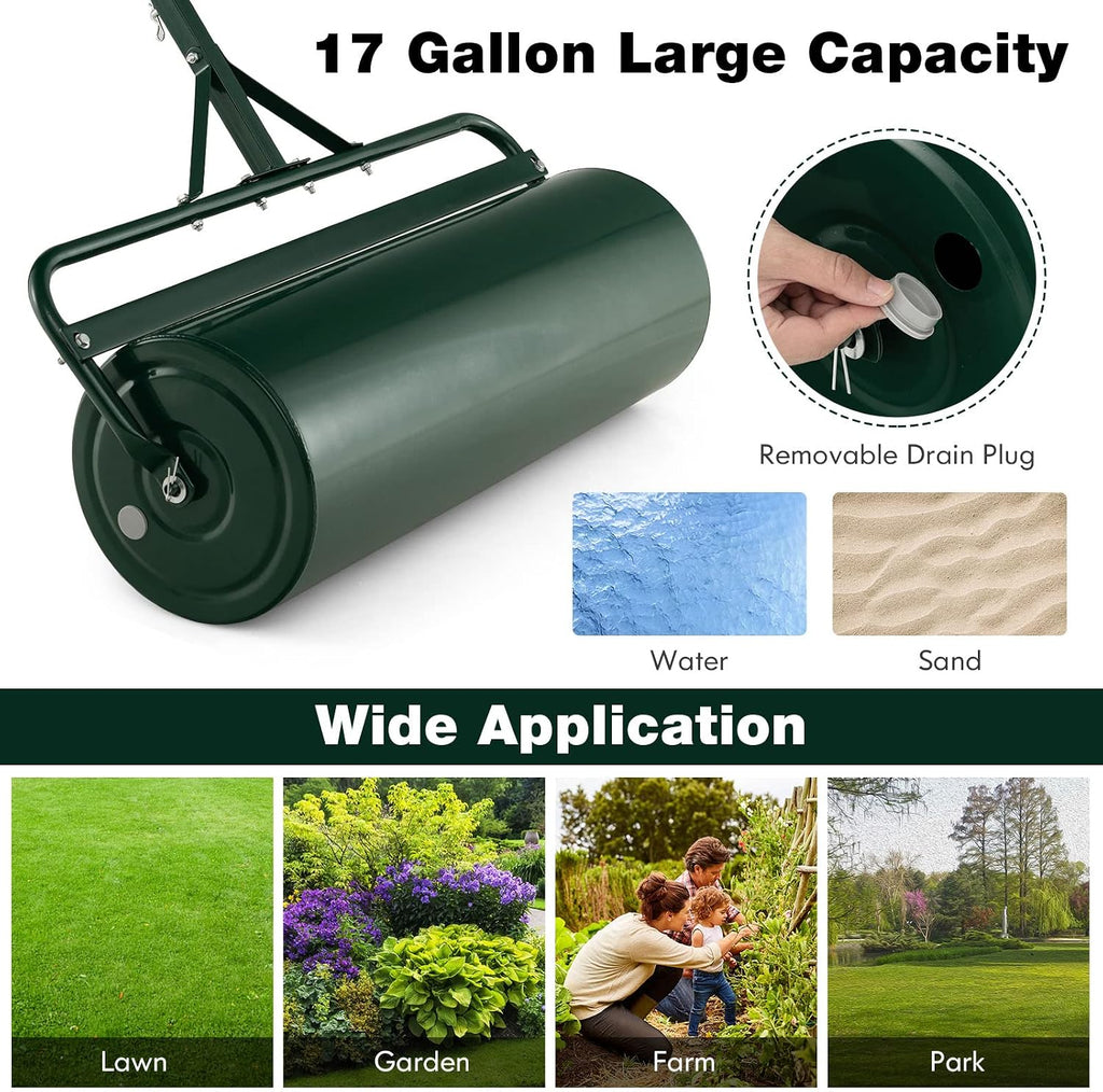 IRONMAX 17 Gallons/63 L Manual Lawn Roller, Water & Sand Fillable, Green | Heavy Duty Tow-Behind Steel Sod Roller with