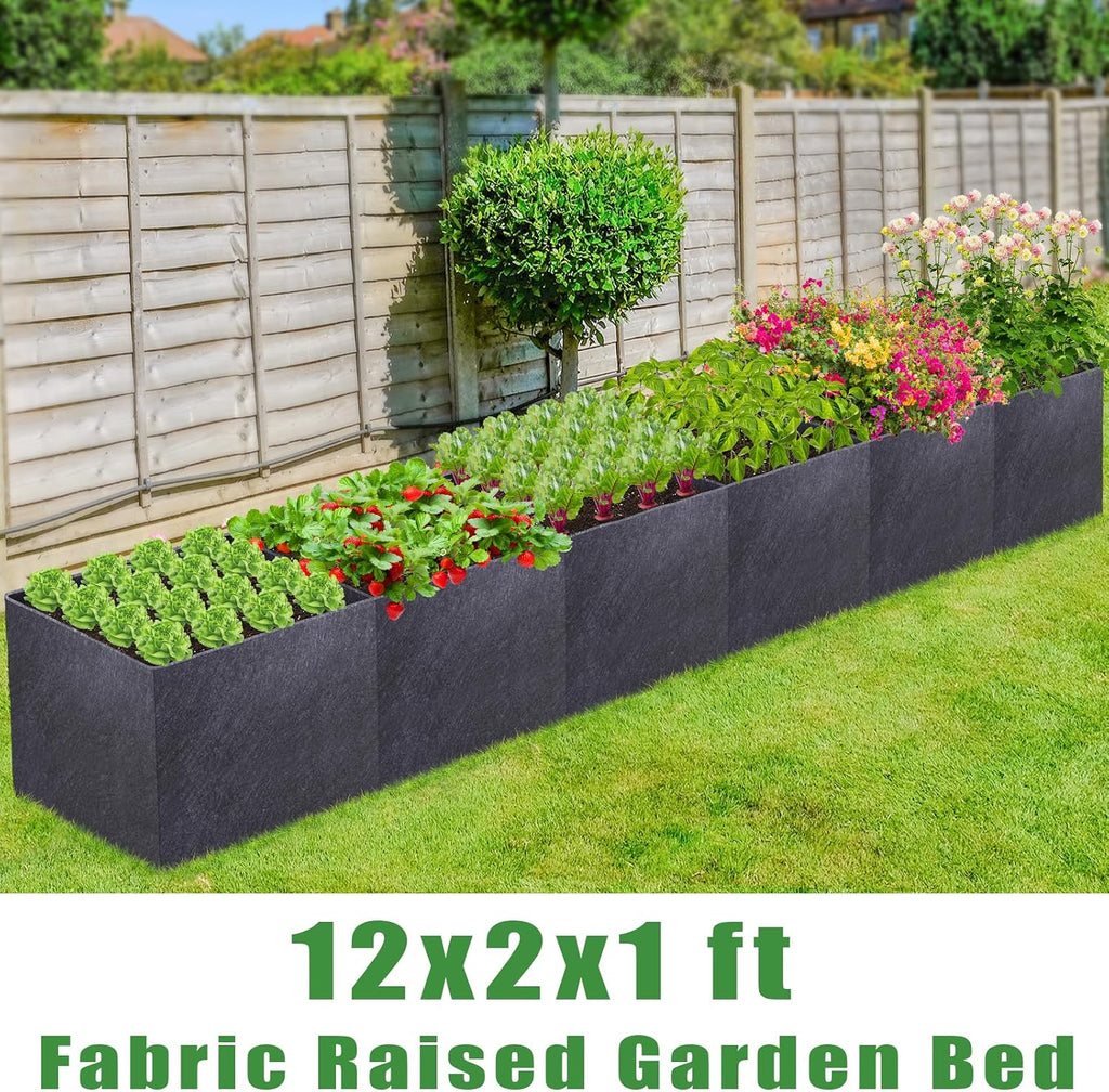 POILKMNI 12x2x1ft Fabric Raised Garden Bed | Outdoor Planter Box Non-Woven Fabric Patio Planting Bed Garden Grow Bed