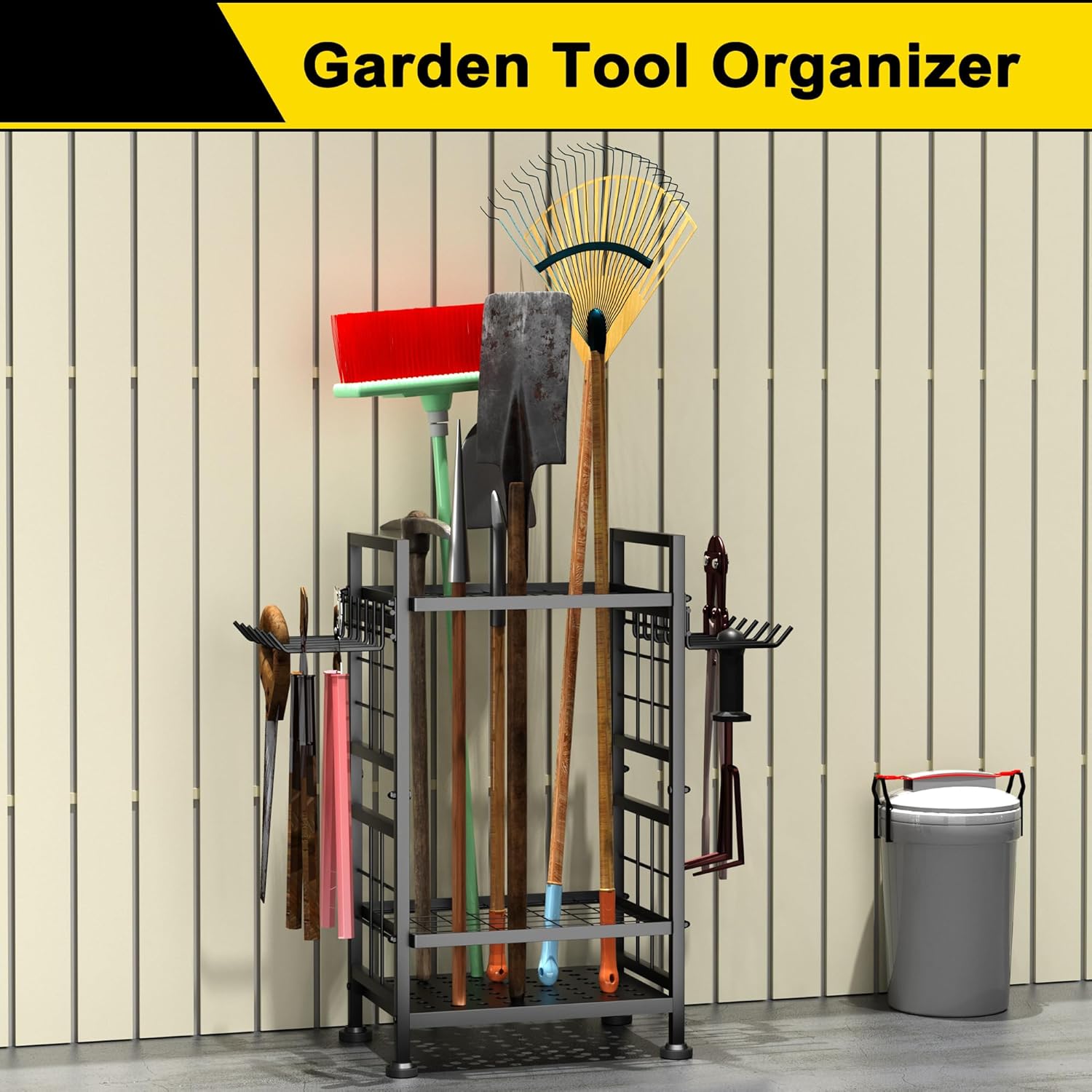 3 Tier Garden Tool Organizer, Garage Storage and Organization, Metal Yard Tools Storage up to 78 Tools, Heavy Duty