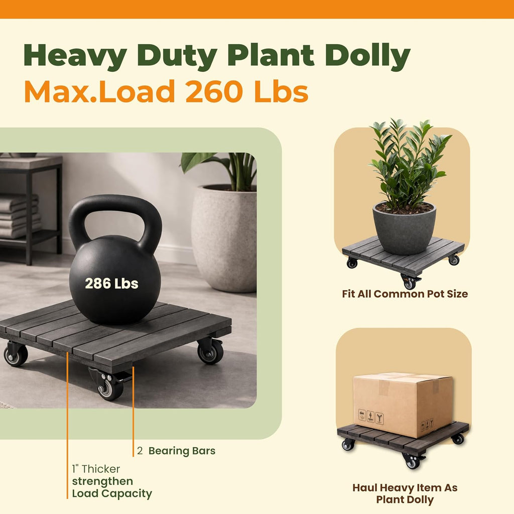 Jurax Wood Plant Caddy with Wheels – Heavy Duty Plant Dolly Holds Up to 286 lbs, 360° Lockable Casters, Rolling Plant