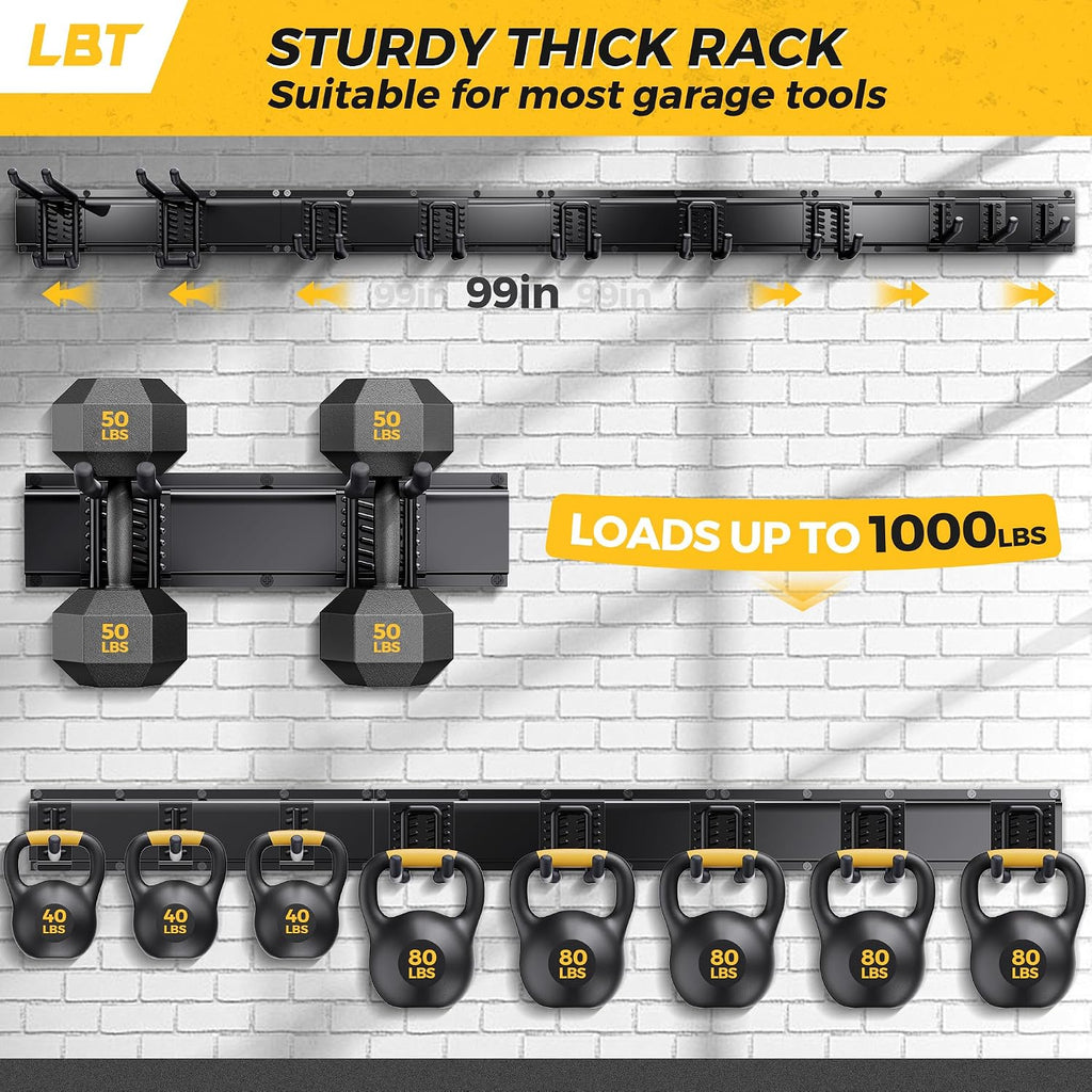 LBT 99" Garage Tool Organizer Wall Mount - 1000lbs Garden Tool Organizer | Anti-Rust, Adjustable Hooks, Sheds Garden