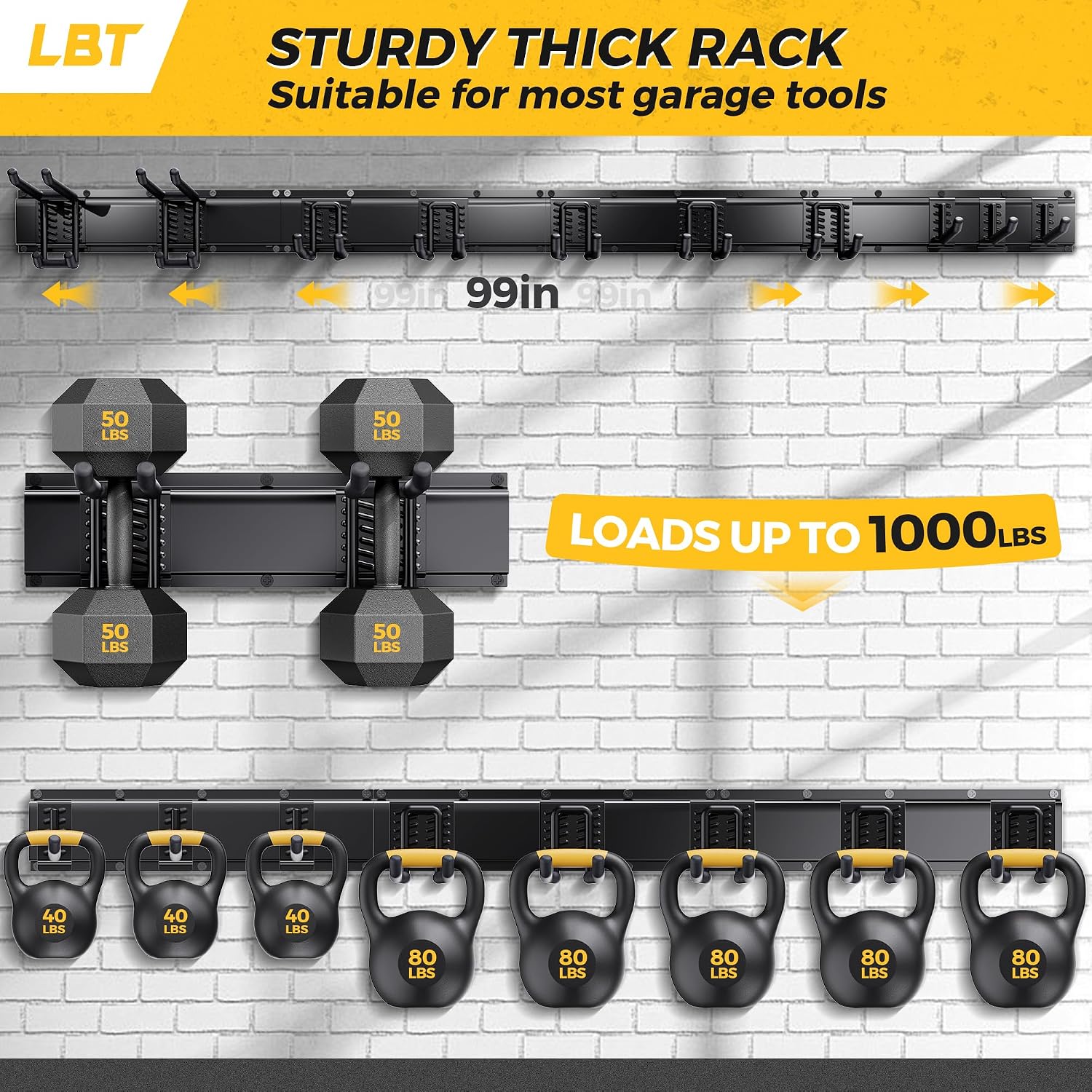 LBT 99" Garage Tool Organizer Wall Mount - 1000lbs Garden Tool Organizer | Anti-Rust, Adjustable Hooks, Sheds Garden