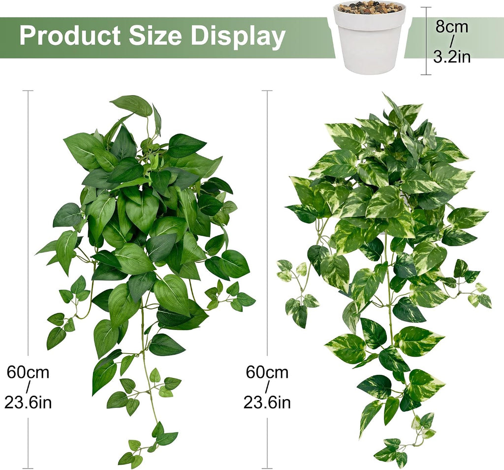 2 Pack Artificial Hanging Plants with White Pots 23.6'' | Fake Pothos Potted Plants Faux Ivy Vines Realistic Greenery
