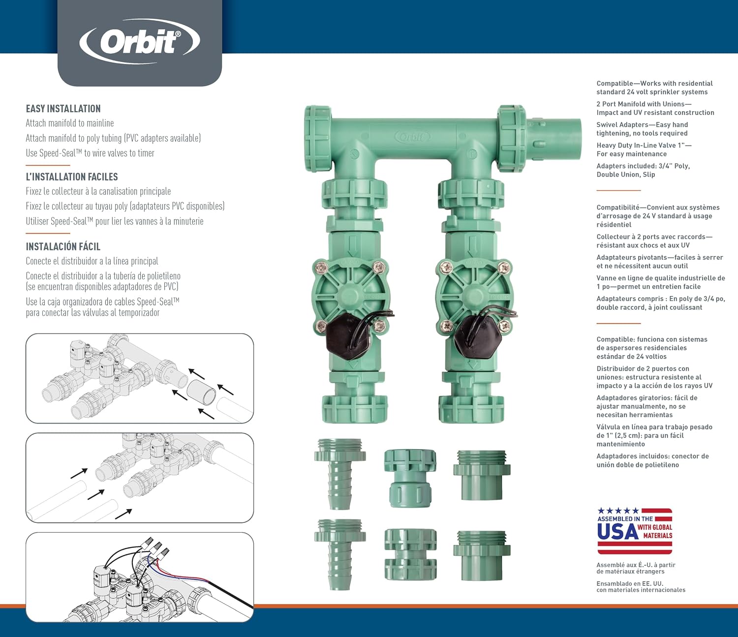 Orbit Sprinkler Valve Manifold System - Two Valves, Tri-Lingual (1)
