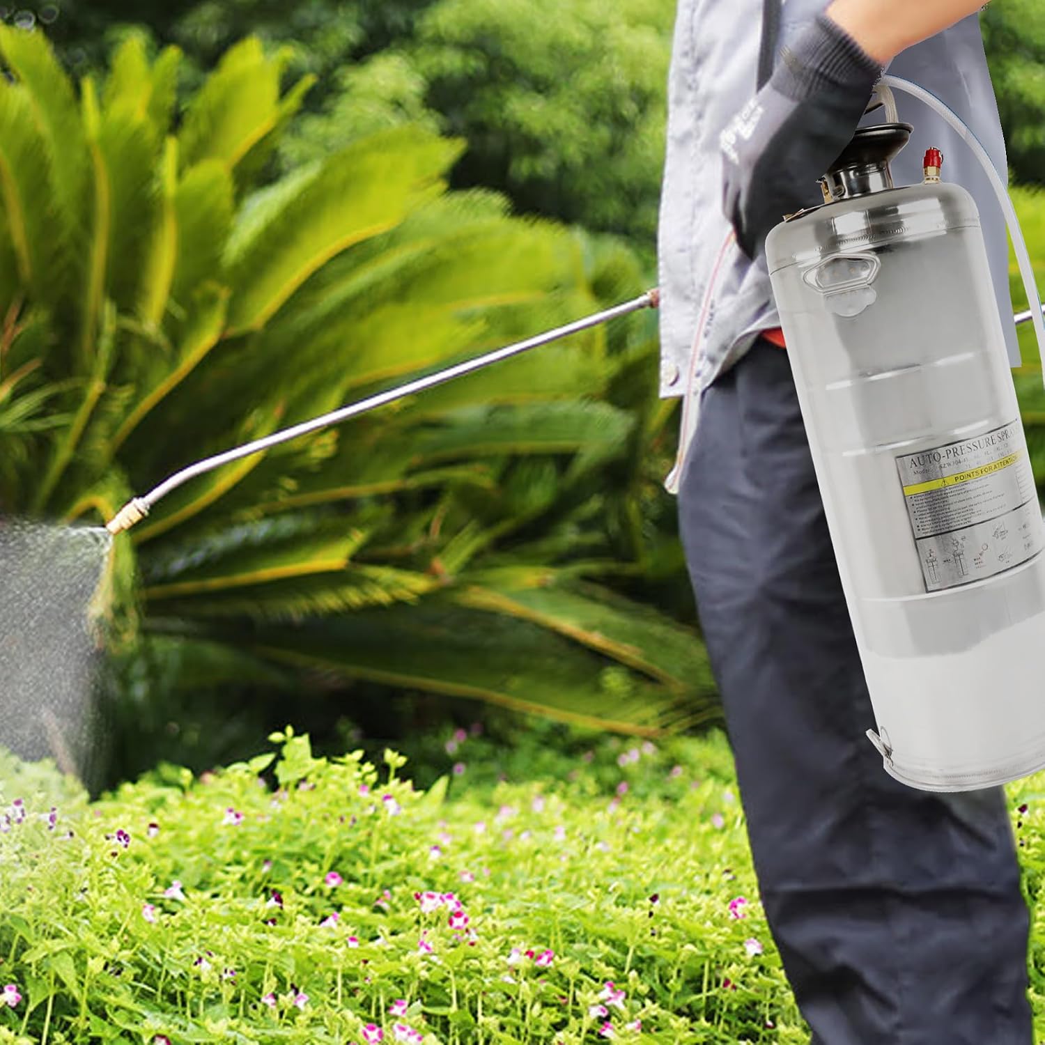1 Gallon Stainless Steel Sprayer, 12 Wand & 3FT Reinforced Hose, Heavy Duty Hand Pump Sprayer with Pressure Gauge