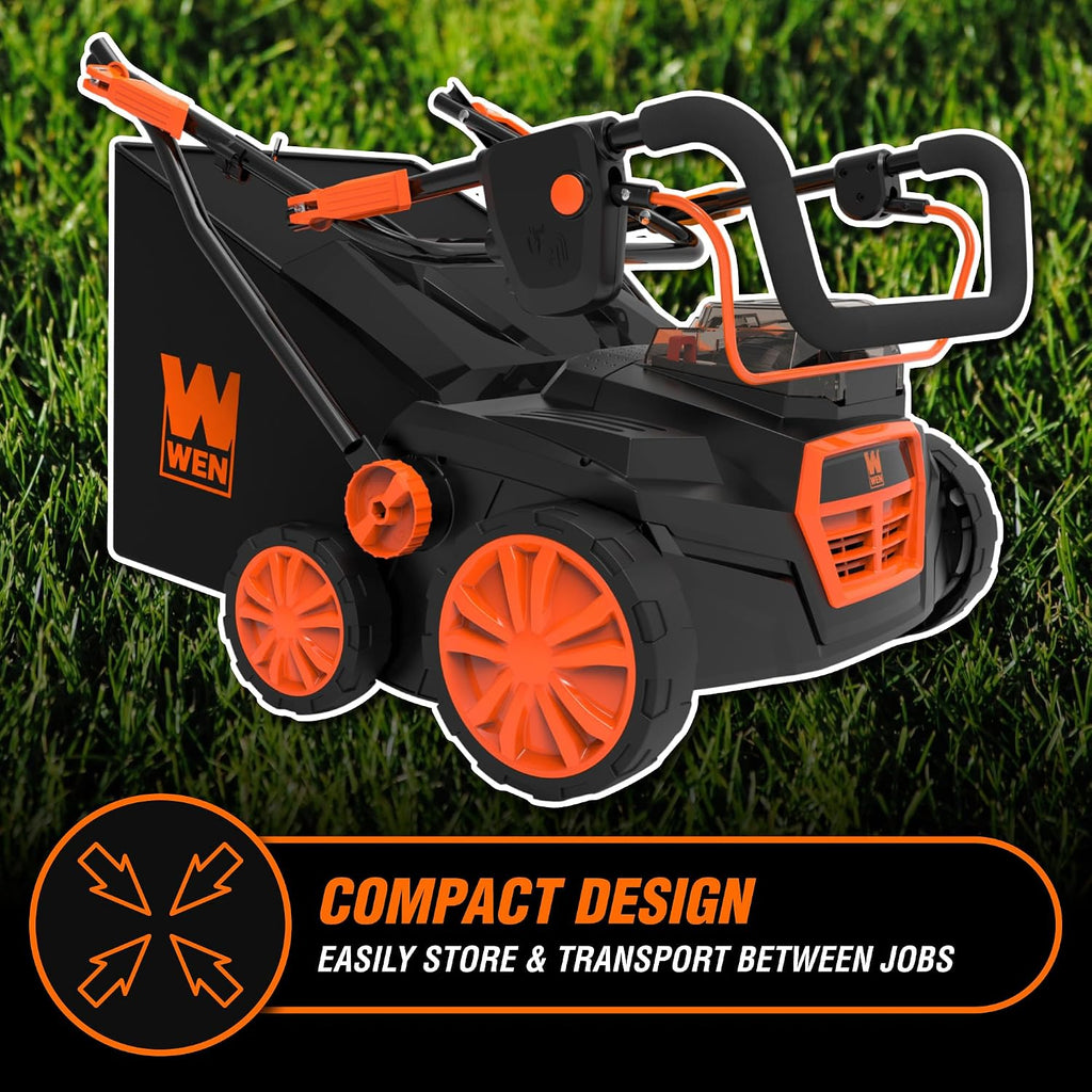 WEN 20V Max Cordless 15-Inch 2-in-1 Brushless Electric Dethatcher and Scarifier with Collection Bag, Two 4.0 Ah