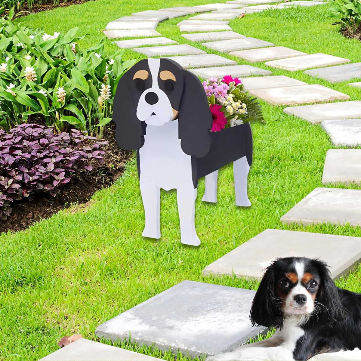 Cavalier King Dog Planter Pots, Animal Shaped Flower Pot | Cute Plant Gift for Women and Pet Lovers, Indoor Outdoor