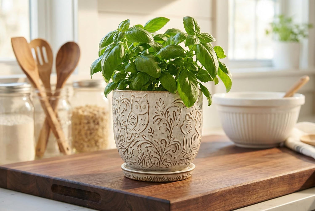 Decorative Ceramic Planter Pot with Saucer, Brown with Gold and Silver Owl Pattern, Indoor Garden Container with