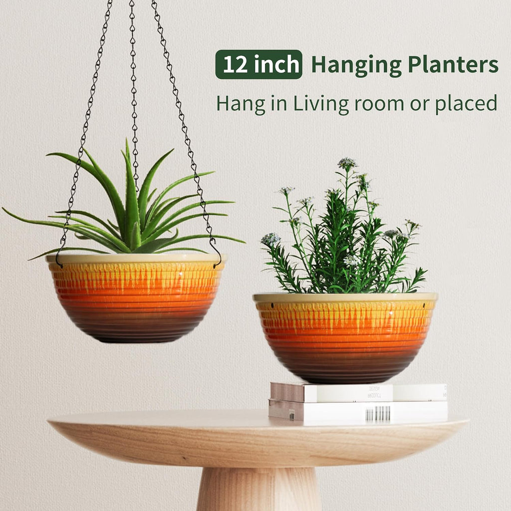 12 inch Large Hanging Planters with Drainage Hole, 2 Pack | Ceramic Look, Hanging Flower Pots for Indoor Outdoor
