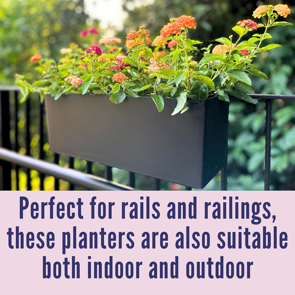LaLaGreen Rail Planter for Balcony Outdoor (20 Inch, 2 Pack) Large Black Self Watering Railing Planters with Brackets