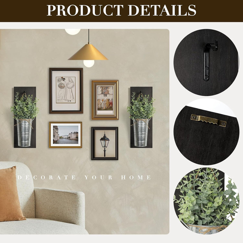 SHOHAYTO Farmhouse Wall Decor Set of 2 - Wood Hanging Planters with Artificial Eucalyptus, Rustic Vertical Pocket Vases