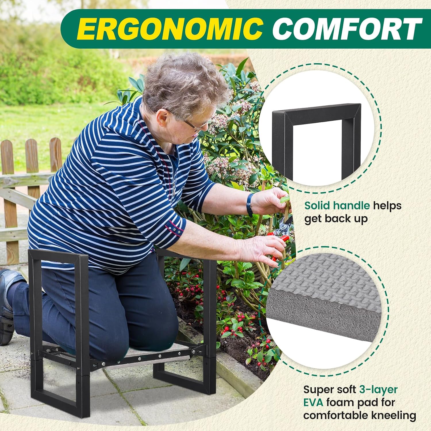 Garden Kneeler and Seat - Heavy Duty Folding Garden Stool with Handles, Stable Kneeling Device Bench Chair Gardening