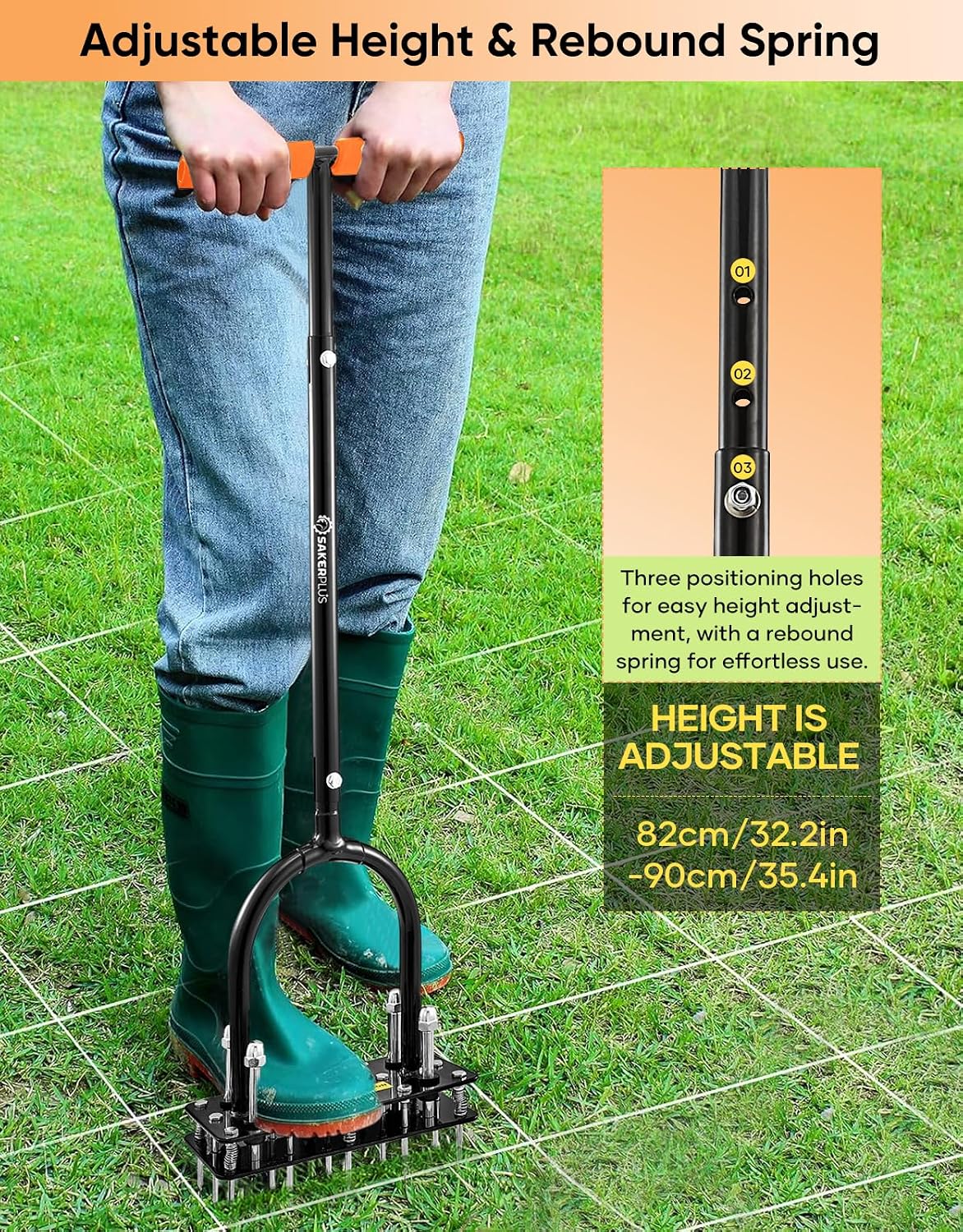 Sakerplus Aerator Lawn Tool, Hand Metal Spike Lawn Aerator with Rebounce Spring Base, Automatic Leaf and Dirt Cleaning