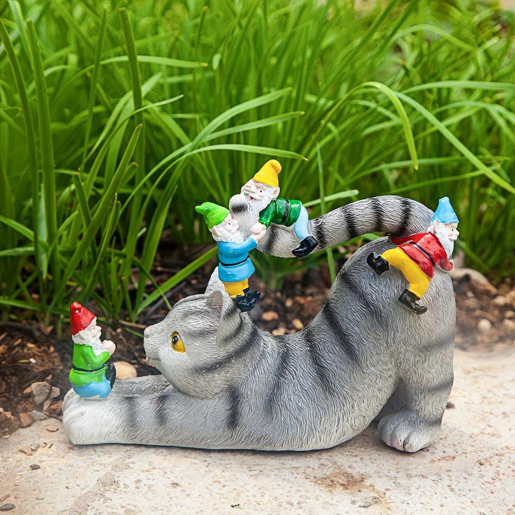 Adorable Cat with Gnomes Garden Statue,Hand-Painted Resin Outdoor Decor | for Patio & Lawn, Unique Gift for Cat Lovers