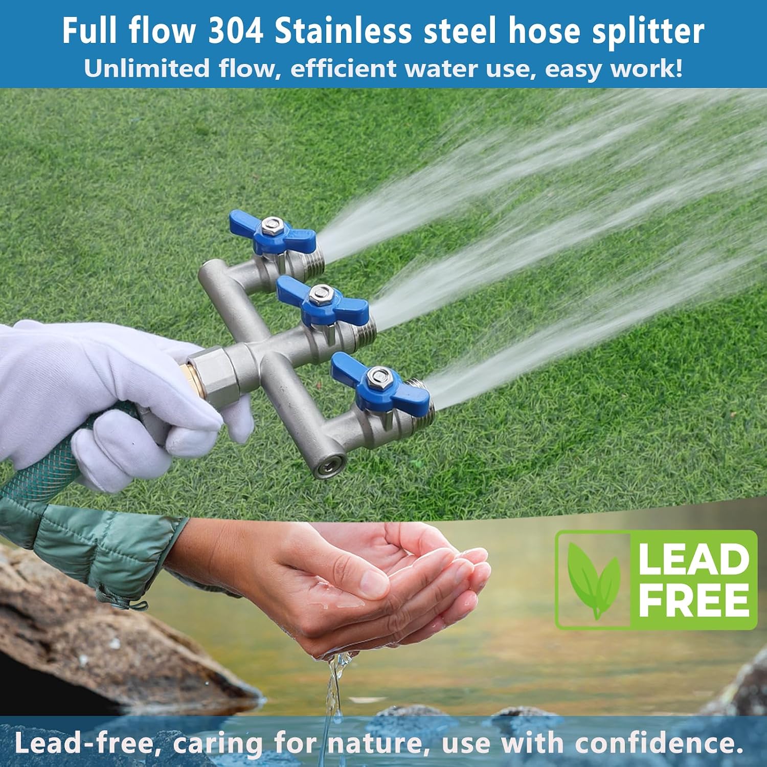 304 Stainless Steel Garden Hose Splitter 3 Way Heavy Duty, Full Flow T Valve Water Hose Splitter With 2.1" Extra Long