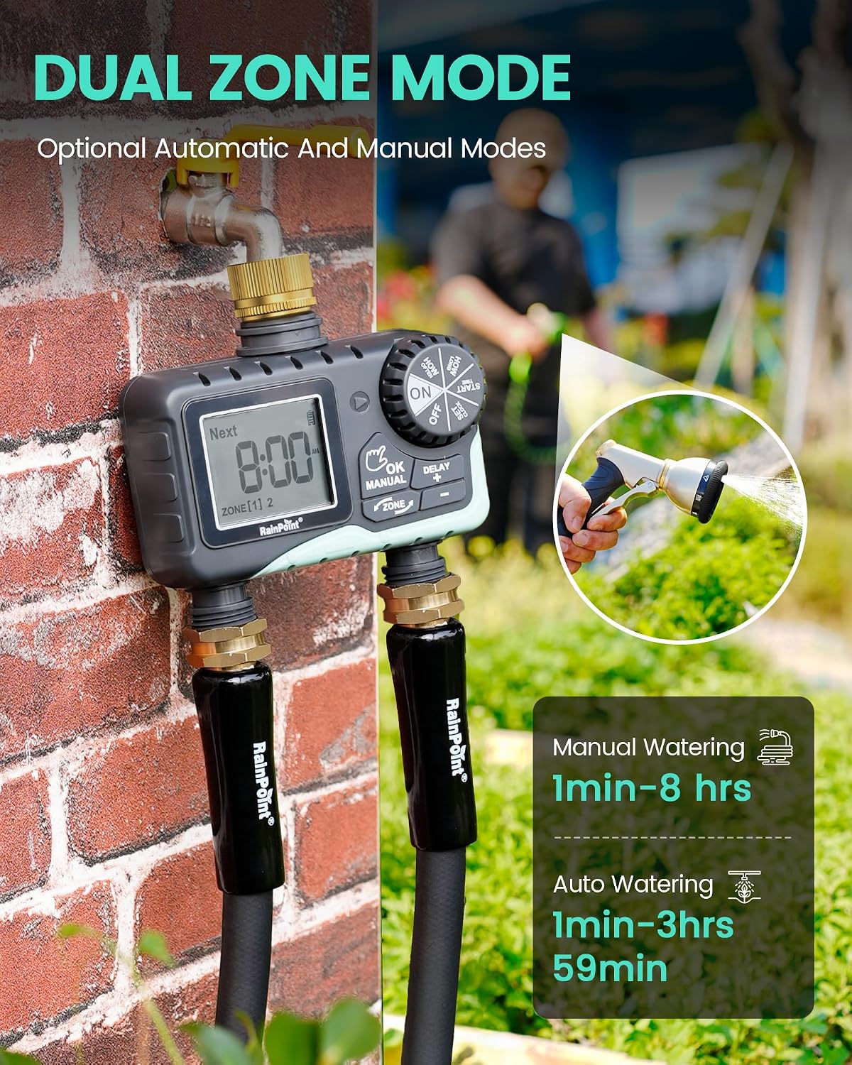 RAINPOINT Sprinkler Timer 2 Outlet, Water Timer for Garden Hose, Programmable Drip Irrigation for Yard Outdoor