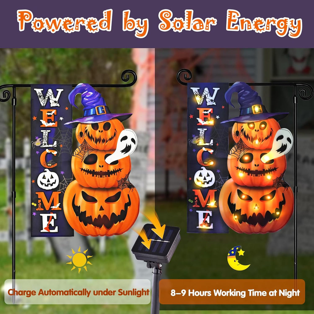 Halloween Lighted Garden Flag, Pumpkin Yard Decor, 12x18 In | Solar Powered, 8 Modes, Double Sided, Welcome Pumpkin