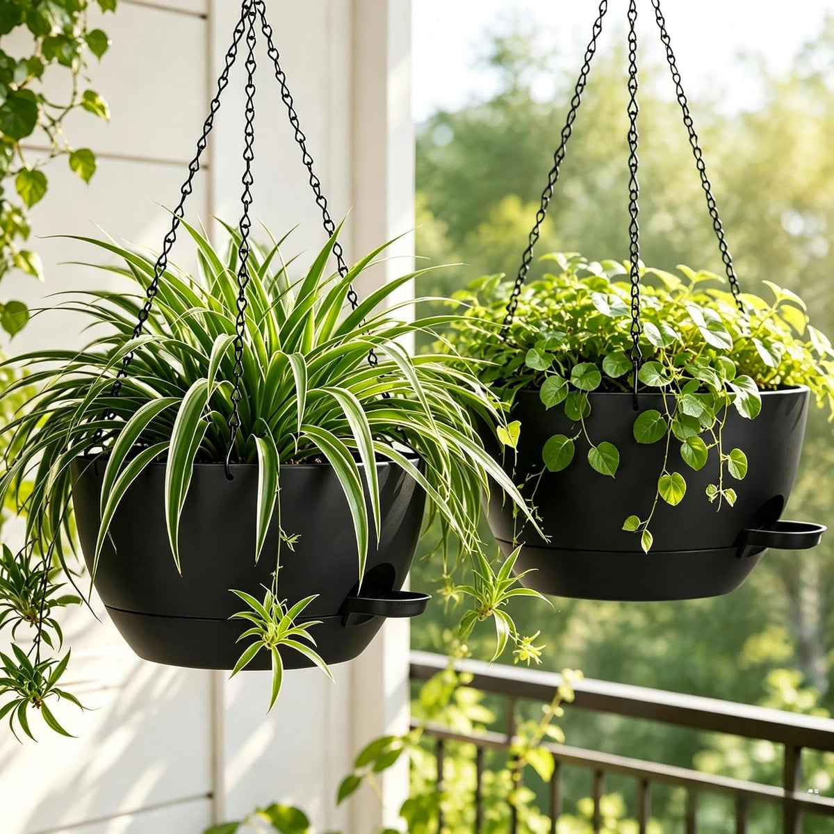 12" Self Watering Hanging Planters with Chains, Black, 2 Pack | 43 Oz removable self-watering reservoir, for