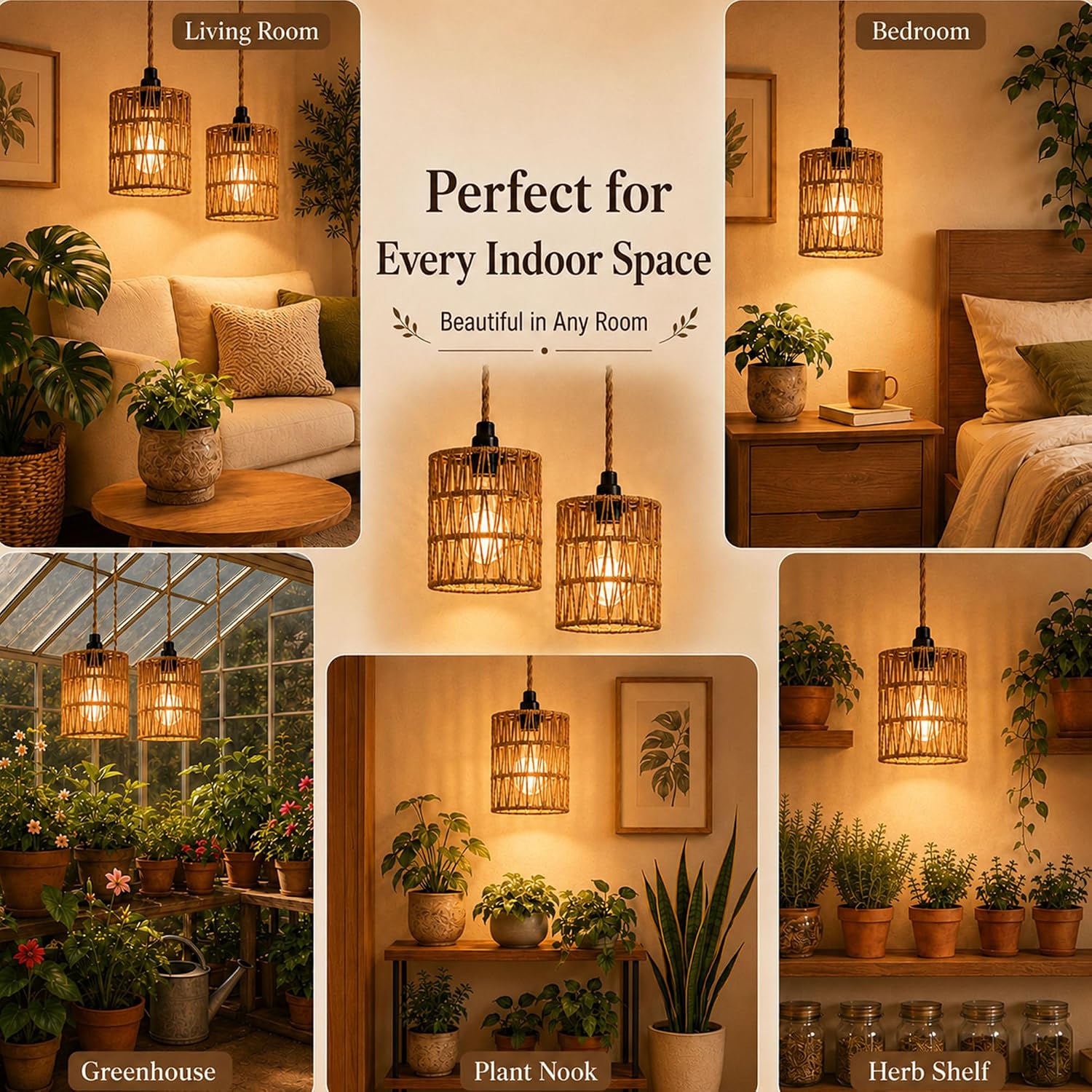 2 Pack Hanging Grow Lights for Indoor Plants Boho Rattan Plant Light | 15FT Power Cord with Timer, 15W Full Spectrum