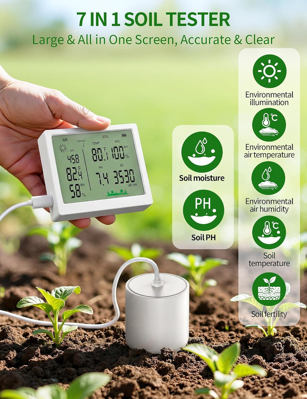 7 in 1 Soil Meter, Digital Soil Test Kit of PH/Sunlight/Fertility/Soil & Air Temp, Humidity Meter for Indoor & Outdoor
