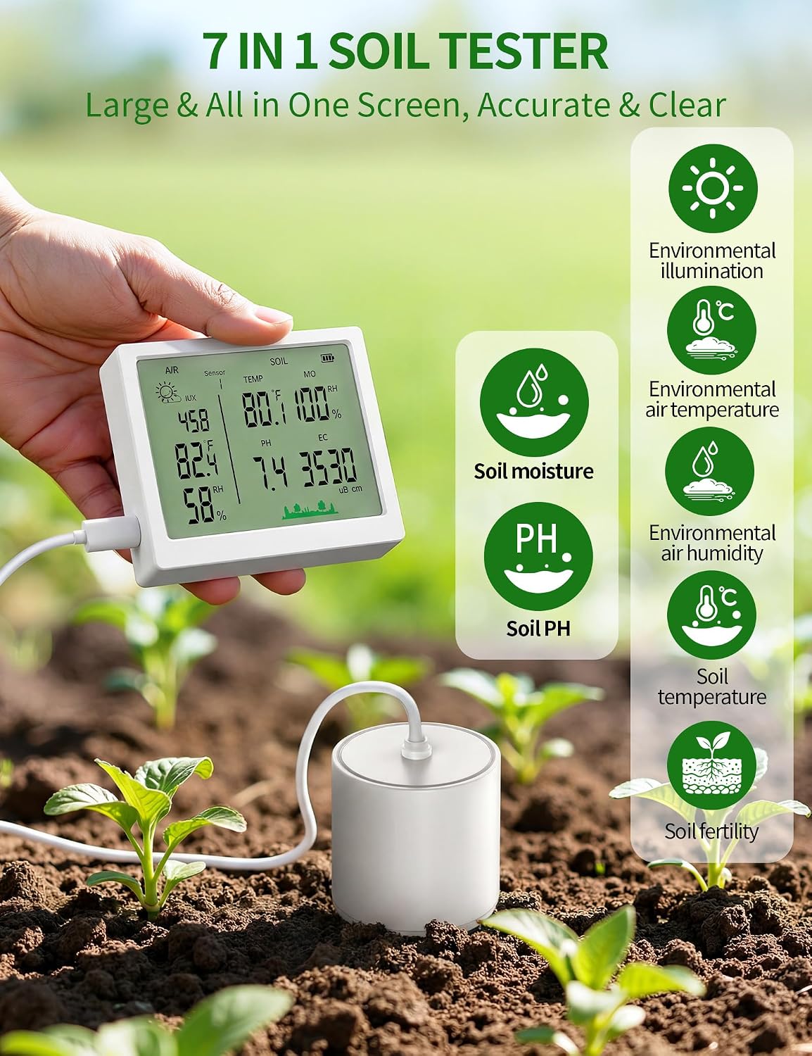 7 in 1 Soil Meter, Digital Soil Test Kit of PH/Sunlight/Fertility/Soil & Air Temp, Humidity Meter for Indoor & Outdoor