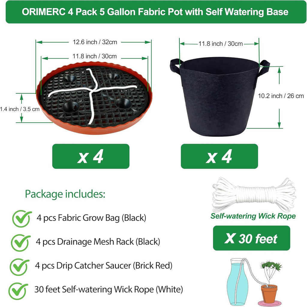 ORIMERC 4 Pack Grow Bags 5 Gallon for Growing Strawberry Tomato Self Watering Planter Fabric Plant Grow Bag Come with