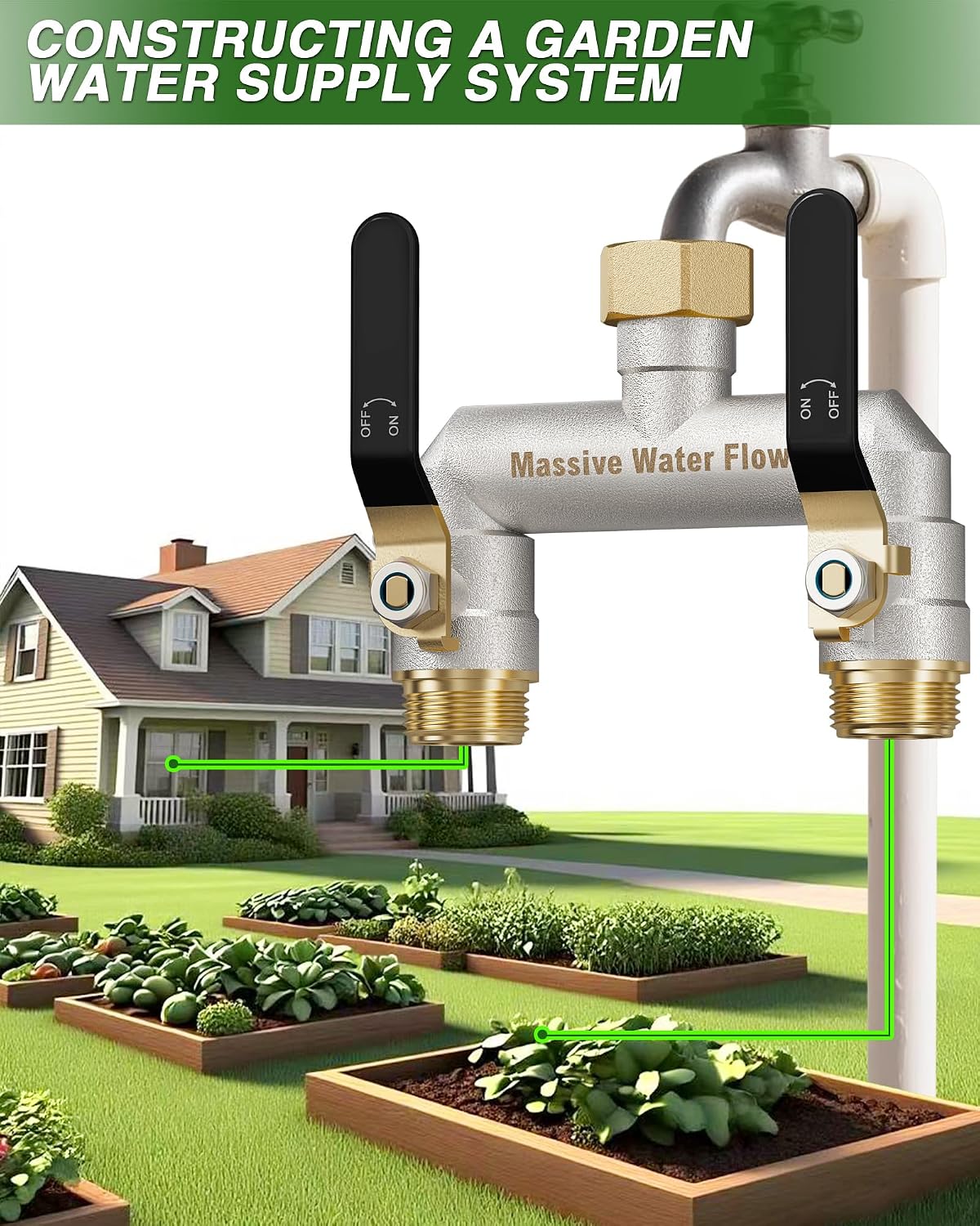 Hose Splitter 2 Way Heavy Duty, Brass Garden Hose Splitter | 304 Stainless Steel Long Handle, Full Flow Nickel Plated