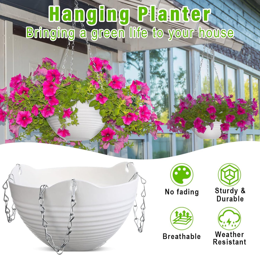 Eccliy 8.3 Inch Hanging Planters, 16 Pack Plastic Hanging Pots for Plant White Flower Pots Baskets Chains Drainage