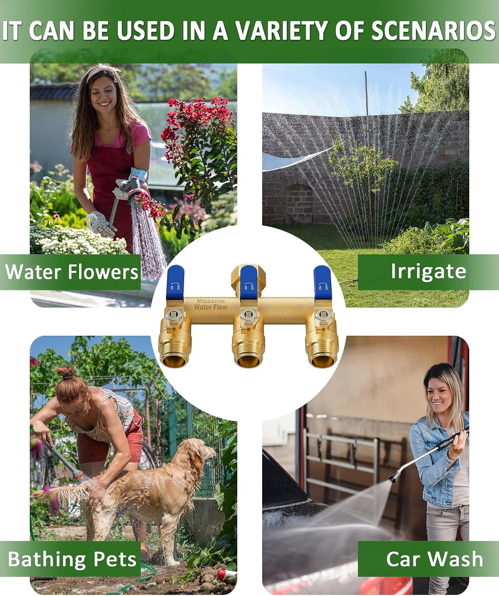 3 Way Hose Splitter, Heavy Duty Full Flow Garden Water Hose Bib Spigot Splitter, Brass Rust and Freeze Resistant