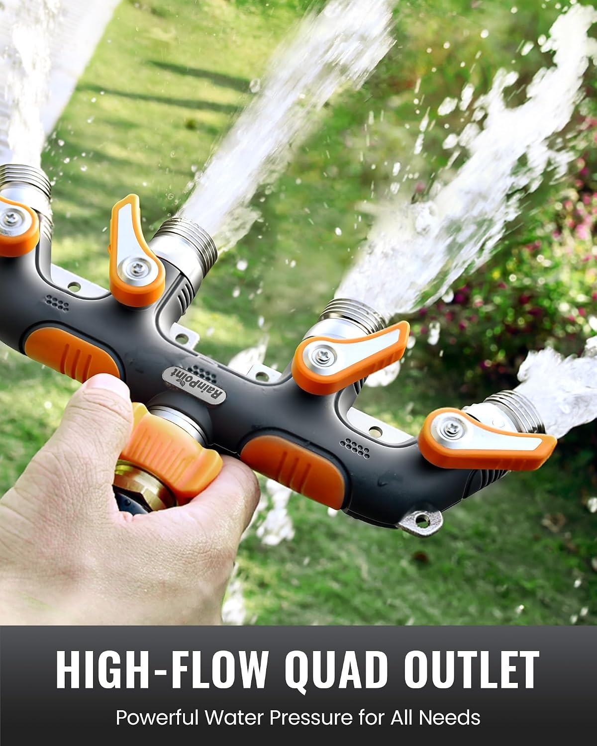 RAINPOINT 4 Way Garden Hose Splitter, 100% Metal Heavy Duty Water Hose Splitter with Individual Shut-Off Valves, 3/4"