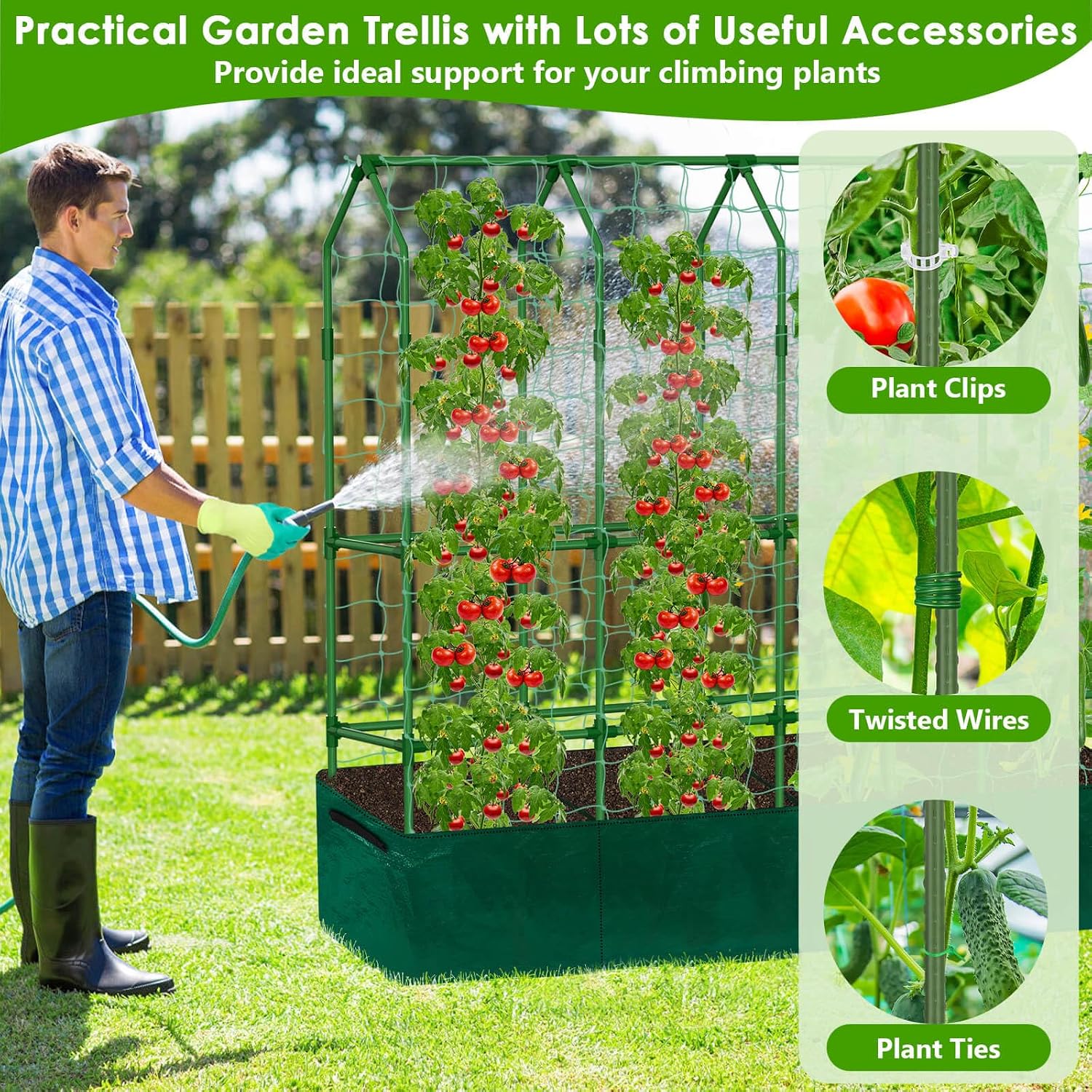 Large Cucumber Trellis for Climbing Plants with Grow Bag, 67"×65"×16.5" Metal Garden Trellis for Raised Bed with Garden