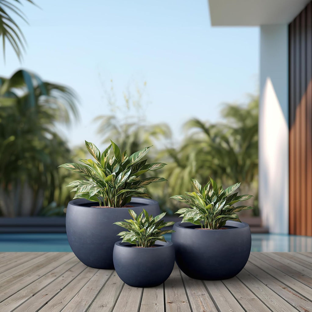 Kante Set of 3 Charcoal Concrete Bowl Planters 20" 15.7" 11.8" Dia | Drainage for Outdoor, Rubber Plug for Indoor Home