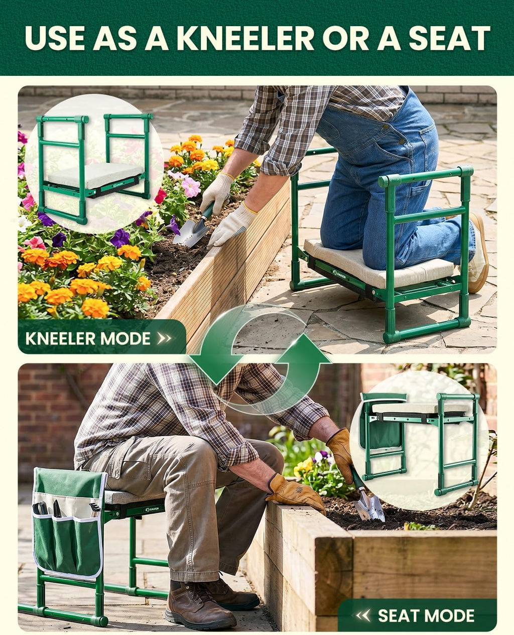 Saker 2026 Upgraded Garden Kneeler and Seat with 500LB Frame & Soft Pad | Foldable Stool, Heavy-Duty Steel, Comfortable