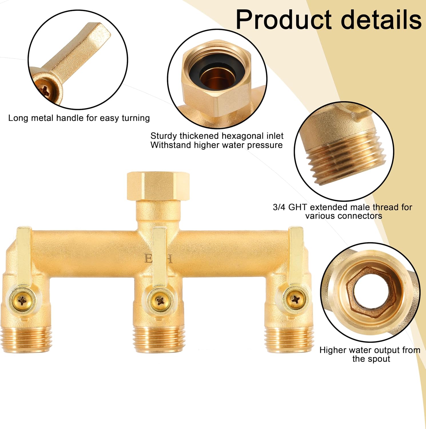 EBH Brass Garden Hose Splitter, 3 Way High Flow Outdoor Faucet Splitter,Full Flow 3-Way Brass Heavy Duty Hose Splitter
