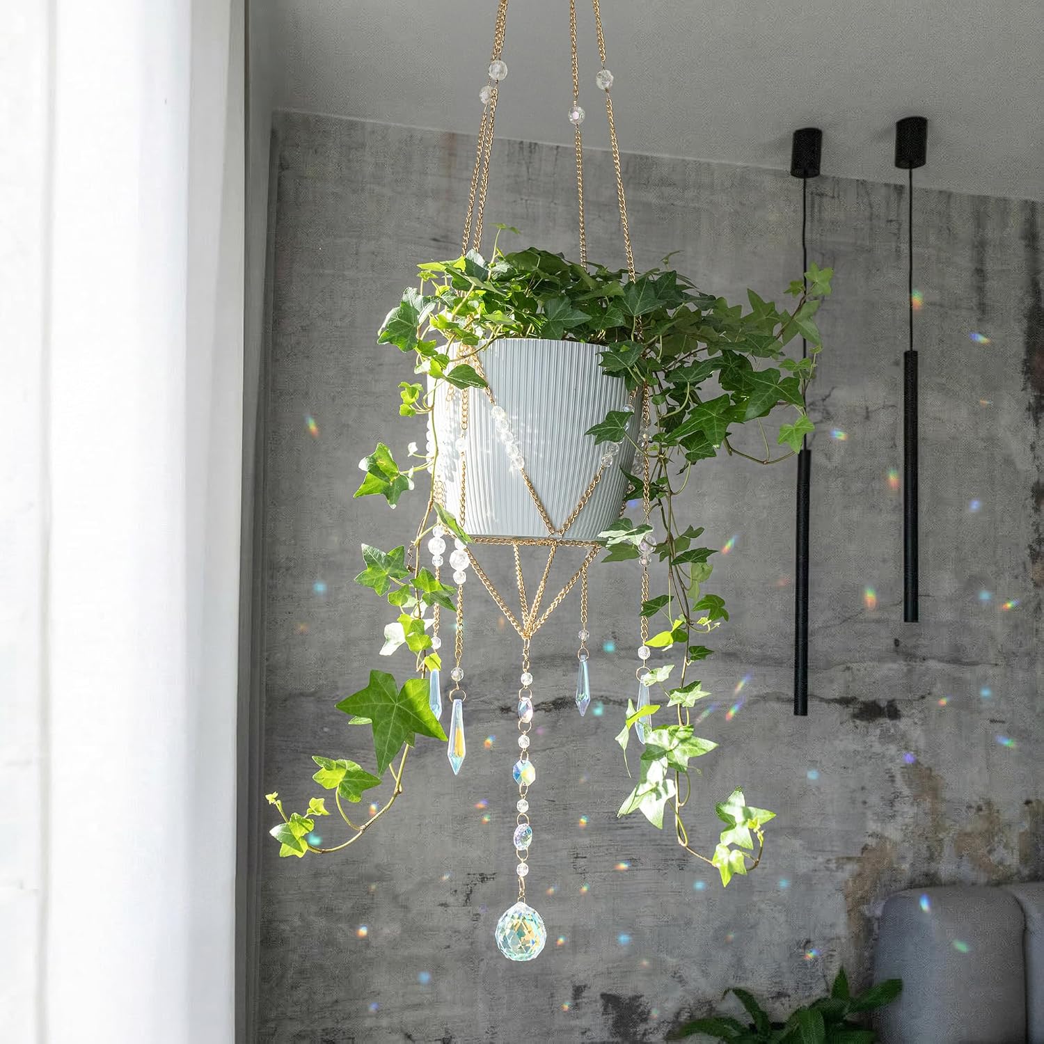 Sun Catcher Plant Hanger with Beads and Glass Crystal Ball Suncatcher. | Large Beaded Plant Hanger. Plant Accessories