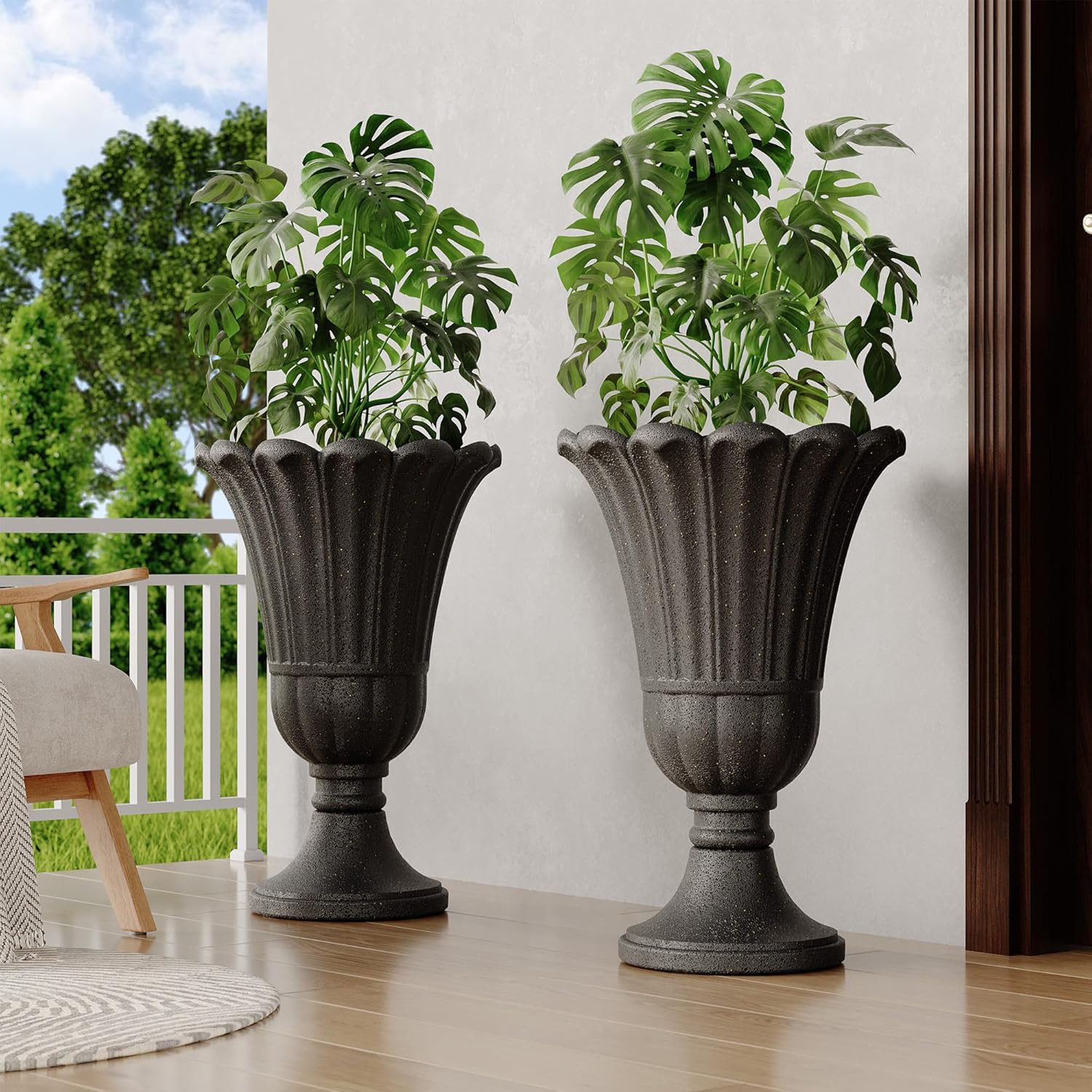 24" Tall Urn Planters Set of 2, Black Outdoor Planter for Porch | HDPE Resin Weather-Resistant Large Planters with