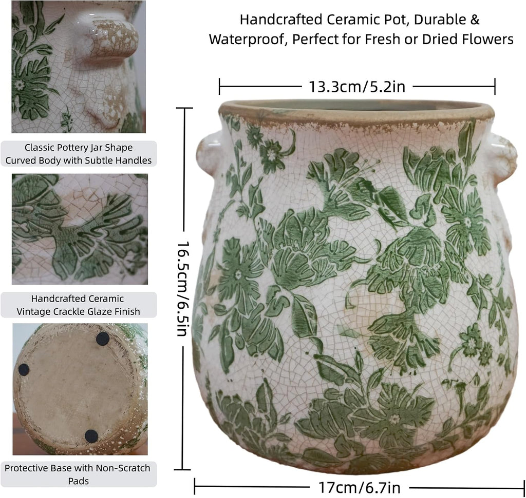 Vintage Green and White Ceramic Floral Vase Planter, Rustic Crackle Glaze Pottery Jar, Hand-Painted Floral Pot Design