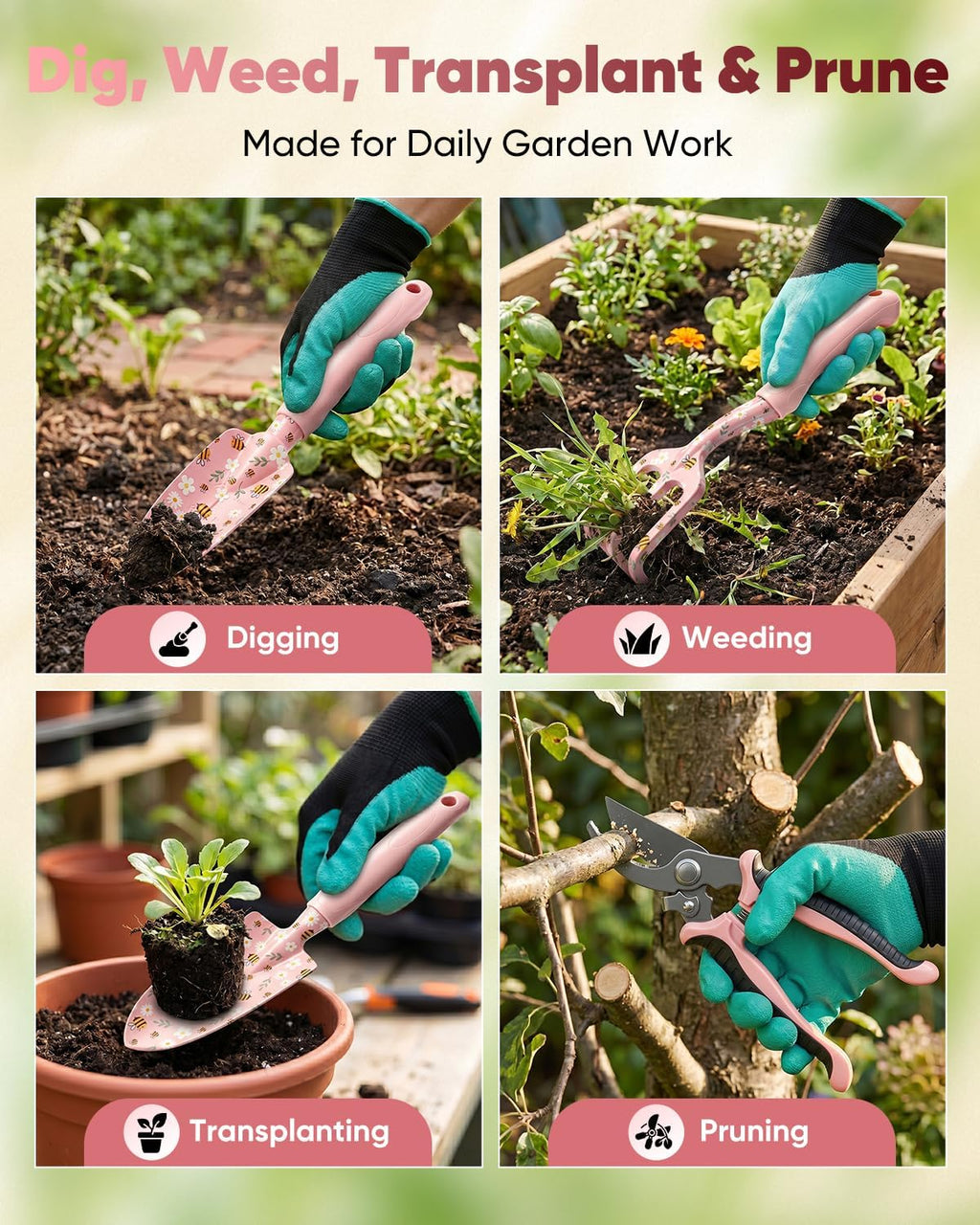Garden Tool Set Gardening Tools - Heavy Duty Aluminum Tool Kit with Non-Slip Handle, Gardening Gloves and Tool Bag for