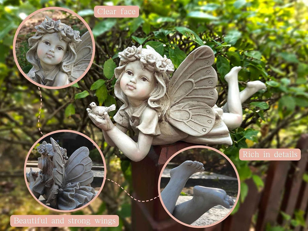 MeritMode Fairy Flower Garden Outdoor Statue - Angel Holding Bird | Hand-Painted Resin, Outdoor Angel Figurine , Flower
