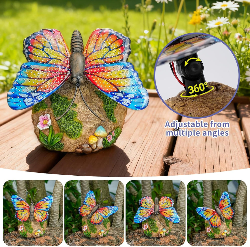 WSgift Solar Butterfly Garden Statue Weatherproof Outdoor Hand-Painted Decor Butterfly Resin Figurine Orange