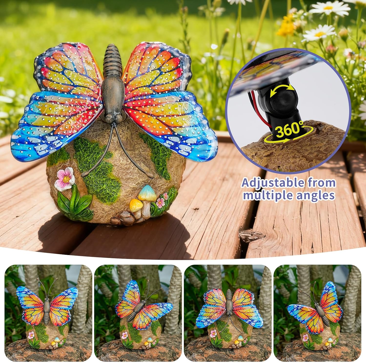 WSgift Solar Butterfly Garden Statue Weatherproof Outdoor Hand-Painted Decor Butterfly Resin Figurine Orange
